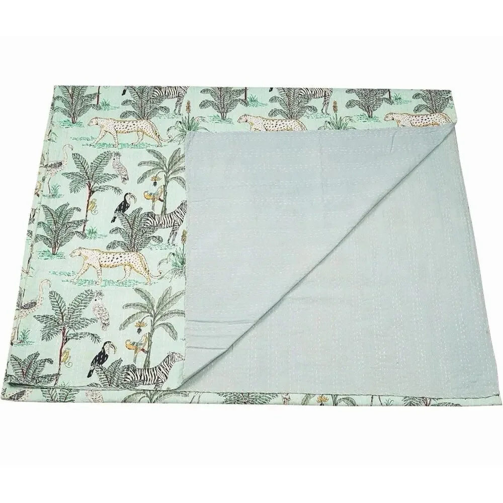 Marubhumi Indian Traditional Cotton Jungle Print Kantha Quilt Mint Queen